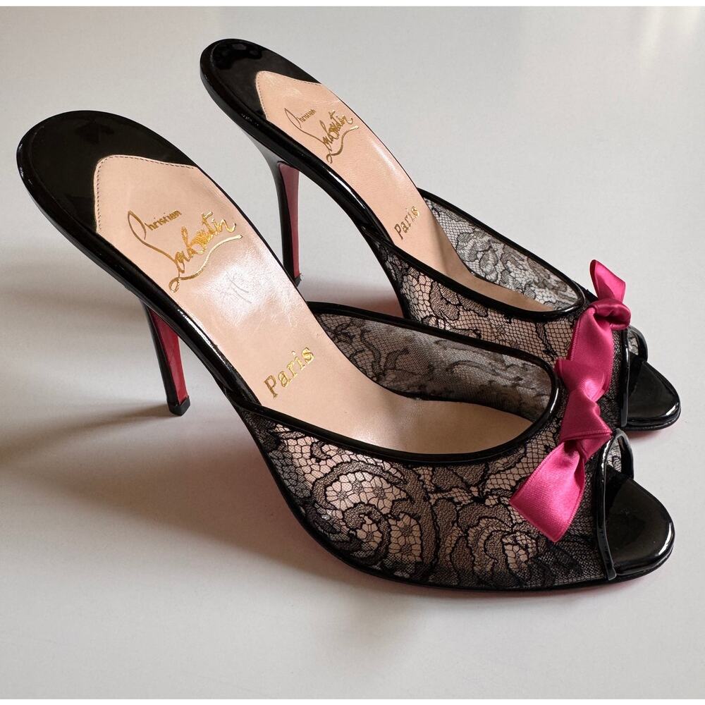 Christian Louboutin Black Lace Pink Accent Bow Peep Toe Mule Slide Size 39 US 9 - Picture 16 of 16